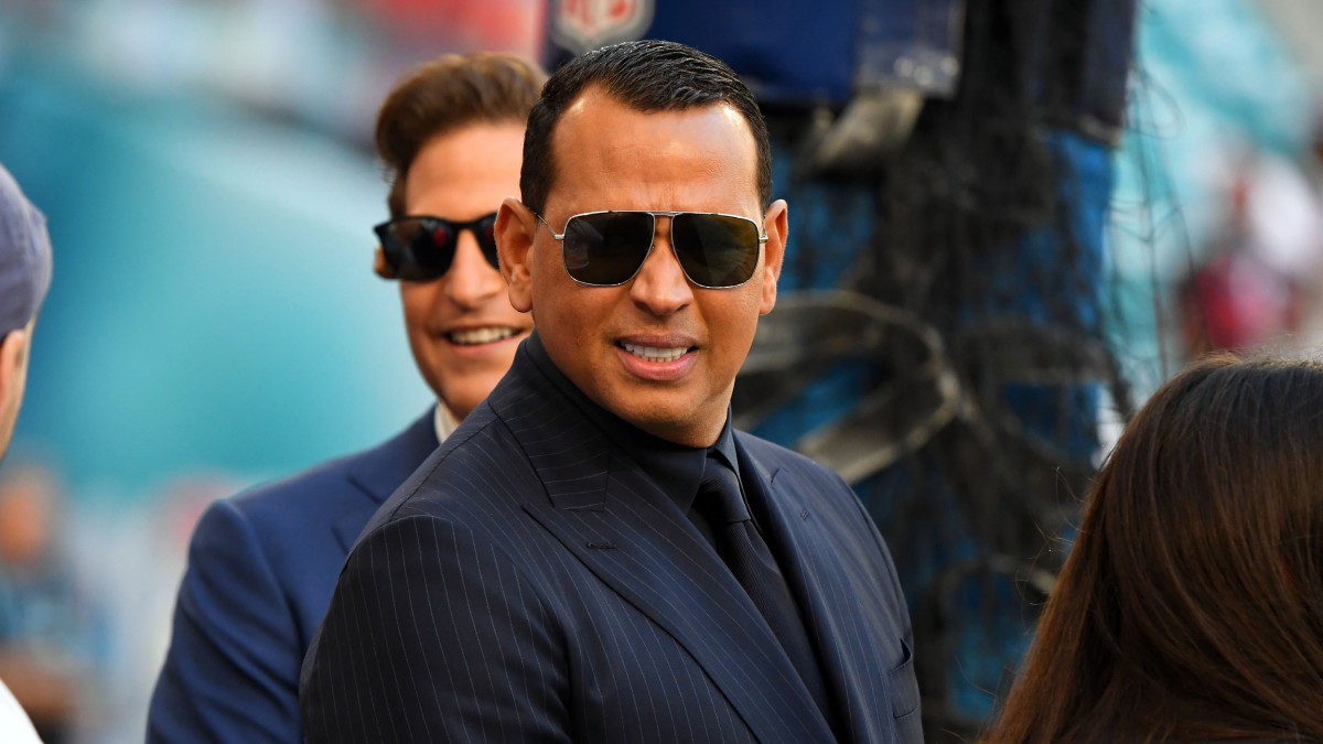 Alex Rodriguez on the sideline at the Super Bowl